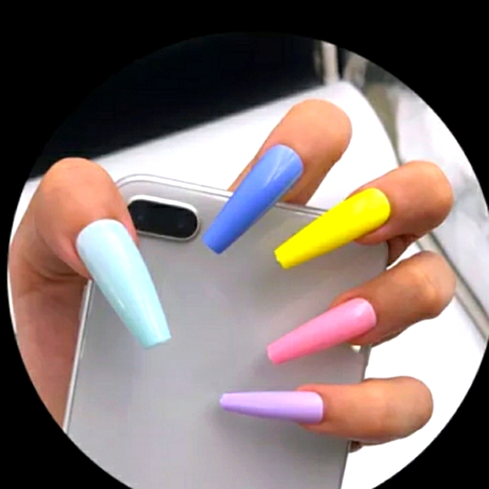 Candy colors!  COFFIN PRESS ON GLUE ON NAIL…